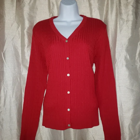 Caribbean Joe red cable knit button down cardigan sweater Womens Large - Picture 4 of 7